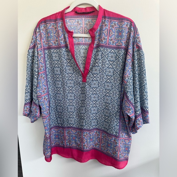 ❤️ Zara Beautiful Kimono Style Blue and Pink Patterned Top Medium Like New - Picture 1 of 5